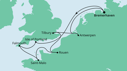 Routenverlauf für Frankreich, Belgien & Großbritannien 2 mit AIDAaura am 23.10.21 Routenverlauf für Frankreich, Belgien & Großbritannien 2 mit AIDAaura am 23.10.21