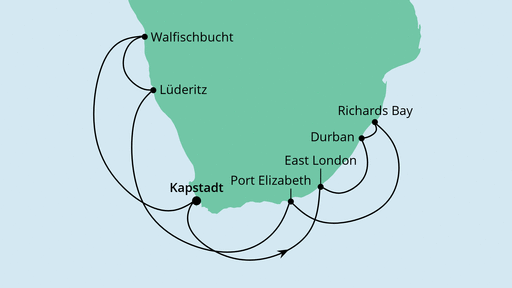 Routenverlauf für Südafrika & Namibia mit AIDAaura am 24.01.22 Routenverlauf für Südafrika & Namibia mit AIDAaura am 24.01.22