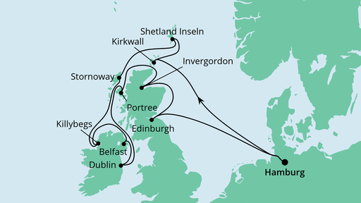 Routenverlauf für Schottische Inseln & Irland mit AIDAaura am 07.05.22 Routenverlauf für Schottische Inseln & Irland mit AIDAaura am 07.05.22