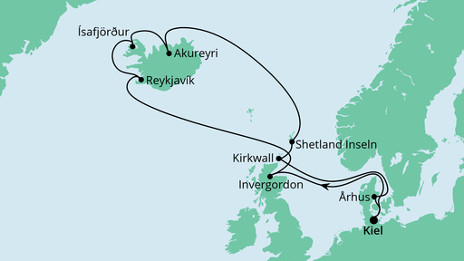 Routenverlauf für Nordische Inseln mit Island mit AIDAbella am 28.06.20 Routenverlauf für Nordische Inseln mit Island mit AIDAbella am 28.06.20