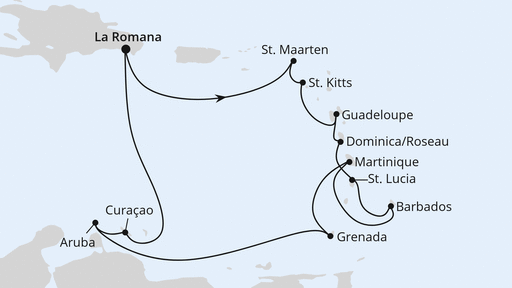 Routenverlauf für Karibische Inseln ab Dominikanische Republik mit AIDAbella am 28.12.24 Routenverlauf für Karibische Inseln ab Dominikanische Republik mit AIDAbella am 28.12.24