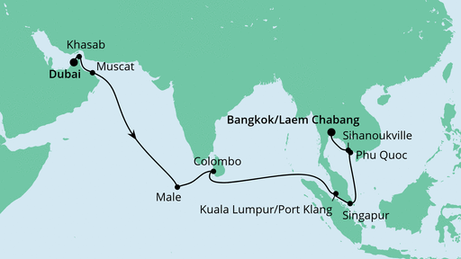 Routenverlauf für Von Dubai nach Bangkok mit AIDAbella am 01.11.21 Routenverlauf für Von Dubai nach Bangkok mit AIDAbella am 01.11.21