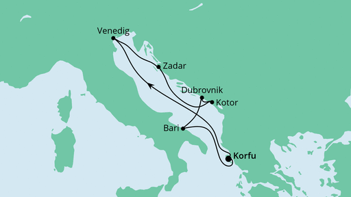 Routenverlauf für Adria ab Korfu mit AIDAblu am 05.06.22 Routenverlauf für Adria ab Korfu mit AIDAblu am 05.06.22