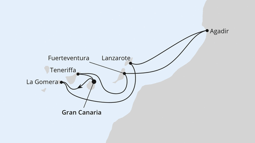 Routenverlauf für Kanaren & Marokko mit AIDAblu am 02.02.25 Routenverlauf für Kanaren & Marokko mit AIDAblu am 02.02.25