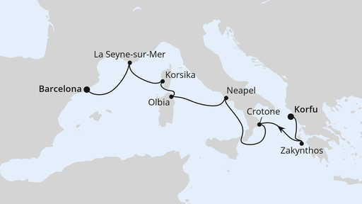 Routenverlauf für Griechenland, Italien & Spanien ab Korfu 1 mit AIDAblu am 24.10.26 Routenverlauf für Griechenland, Italien & Spanien ab Korfu 1 mit AIDAblu am 24.10.26