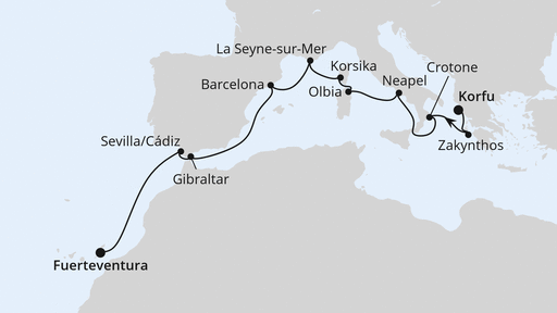 Routenverlauf für Griechenland, Andalusien & Kanaren ab Korfu 2 mit AIDAblu am 24.10.26 Routenverlauf für Griechenland, Andalusien & Kanaren ab Korfu 2 mit AIDAblu am 24.10.26