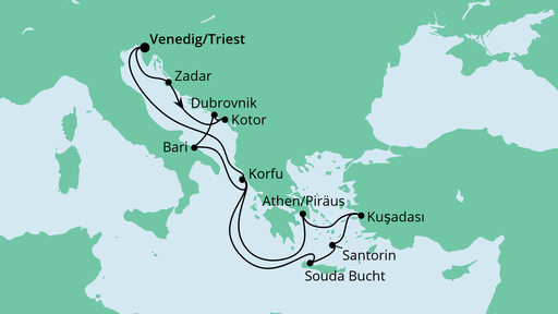 Routenverlauf für Adria & Griechenland ab Triest mit AIDAblu am 13.09.22 Routenverlauf für Adria & Griechenland ab Triest mit AIDAblu am 13.09.22