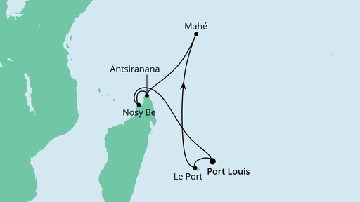 Routenverlauf für Mauritius, Seychellen & Madagaskar 1 mit AIDAblu am 14.03.23 Routenverlauf für Mauritius, Seychellen & Madagaskar 1 mit AIDAblu am 14.03.23