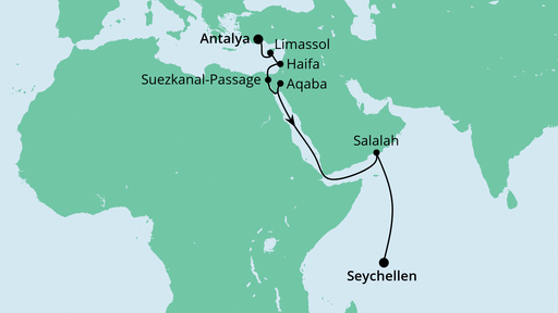 Routenverlauf für Von Antalya zu den Seychellen mit AIDAblu am 05.11.23 Routenverlauf für Von Antalya zu den Seychellen mit AIDAblu am 05.11.23