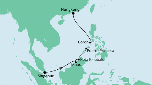 Routenverlauf für Brunei, Philippinen & Hongkong mit AIDAcara am 09.01.22 Routenverlauf für Brunei, Philippinen & Hongkong mit AIDAcara am 09.01.22