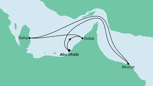 Routenverlauf für Orient ab Abu Dhabi mit AIDAcosma am 07.04.22 Routenverlauf für Orient ab Abu Dhabi mit AIDAcosma am 07.04.22