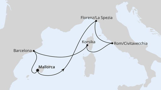 Routenverlauf für Mediterrane Schätze mit Korsika ab Mallorca mit AIDAcosma am 30.05.26 Routenverlauf für Mediterrane Schätze mit Korsika ab Mallorca mit AIDAcosma am 30.05.26