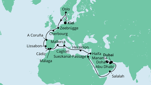 Routenverlauf für Weltenbummler von Kiel nach Dubai mit AIDAcosma am 23.10.21 Routenverlauf für Weltenbummler von Kiel nach Dubai mit AIDAcosma am 23.10.21
