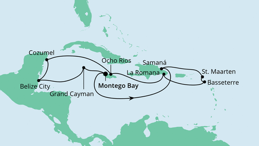 Routenverlauf für Karibik & Mexiko ab Jamaika mit AIDAdiva am 22.11.20 Routenverlauf für Karibik & Mexiko ab Jamaika mit AIDAdiva am 22.11.20