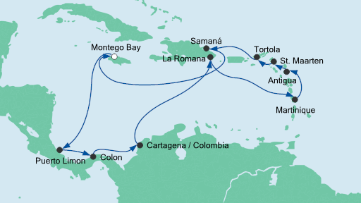 Routenverlauf für Karibik & Mittelamerika 2 mit AIDAluna am 09.02.20 Routenverlauf für Karibik & Mittelamerika 2 mit AIDAluna am 09.02.20