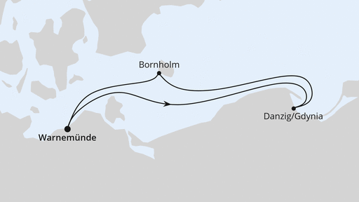 Routenverlauf für Kurzreise nach Danzig & Bornholm ab Warnemünde mit AIDAmar am 27.07.26 Routenverlauf für Kurzreise nach Danzig & Bornholm ab Warnemünde mit AIDAmar am 27.07.26
