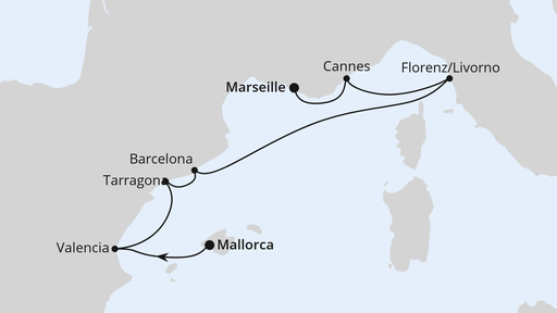 Routenverlauf für Perlen am Mittelmeer ab Mallorca 2 mit AIDAmar am 25.10.26 Routenverlauf für Perlen am Mittelmeer ab Mallorca 2 mit AIDAmar am 25.10.26