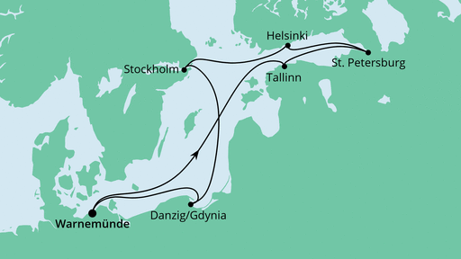 Routenverlauf für Skandinavische Städte mit Stockholm mit AIDAmar am 24.08.23 Routenverlauf für Skandinavische Städte mit Stockholm mit AIDAmar am 24.08.23