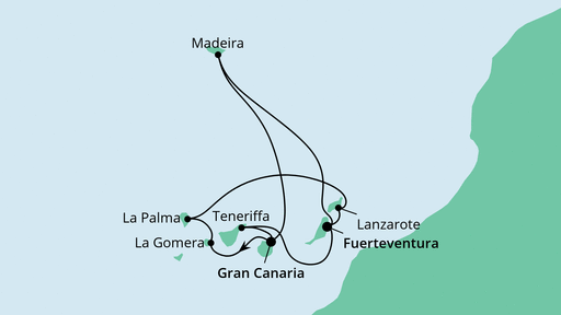 Routenverlauf für Große Kanaren-Rundreise & Madeira mit AIDAmar am 29.01.23 Routenverlauf für Große Kanaren-Rundreise & Madeira mit AIDAmar am 29.01.23