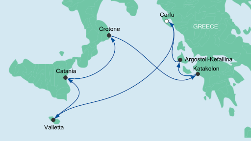 Routenverlauf für Mittelmeerinseln ab Korfu mit AIDAmira am 07.07.20 Routenverlauf für Mittelmeerinseln ab Korfu mit AIDAmira am 07.07.20