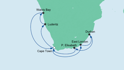 Routenverlauf für Südafrika & Namibia 1 mit AIDAmira am 02.11.20 Routenverlauf für Südafrika & Namibia 1 mit AIDAmira am 02.11.20