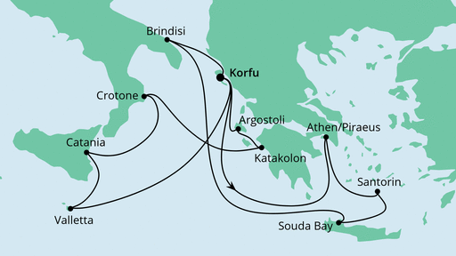 Routenverlauf für Griechenland & Mittelmeerinseln mit AIDAmira am 10.08.21 Routenverlauf für Griechenland & Mittelmeerinseln mit AIDAmira am 10.08.21