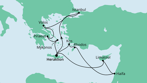 Routenverlauf für Ägäis & Israel mit AIDAmira am 24.06.22 Routenverlauf für Ägäis & Israel mit AIDAmira am 24.06.22