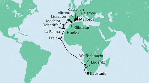 Routenverlauf für Von Mallorca nach Kapstadt mit AIDAmira am 24.10.22 Routenverlauf für Von Mallorca nach Kapstadt mit AIDAmira am 24.10.22