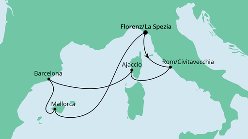 Routenverlauf für Mediterrane Schätze ab La Spezia mit AIDAperla am 12.04.21 Routenverlauf für Mediterrane Schätze ab La Spezia mit AIDAperla am 12.04.21