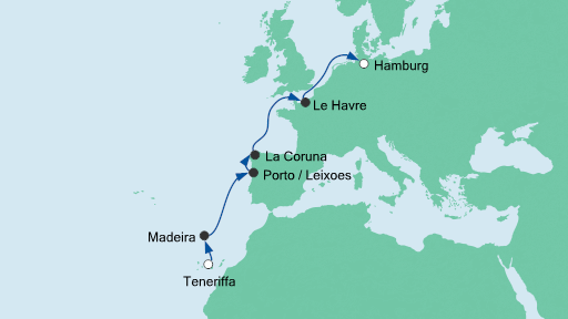 Routenverlauf für Von Teneriffa nach Hamburg 2 mit AIDAperla am 19.04.20 Routenverlauf für Von Teneriffa nach Hamburg 2 mit AIDAperla am 19.04.20