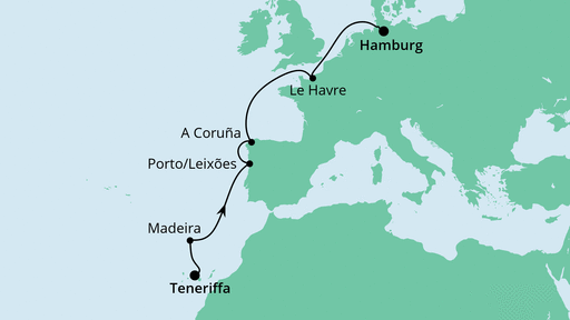 Routenverlauf für Von Teneriffa nach Hamburg mit AIDAperla am 16.04.22 Routenverlauf für Von Teneriffa nach Hamburg mit AIDAperla am 16.04.22