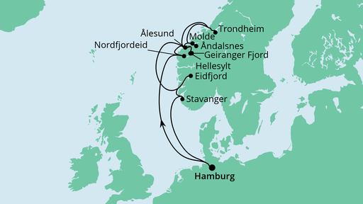Routenverlauf für Norwegens Fjorde mit AIDAperla am 26.08.22 Routenverlauf für Norwegens Fjorde mit AIDAperla am 26.08.22