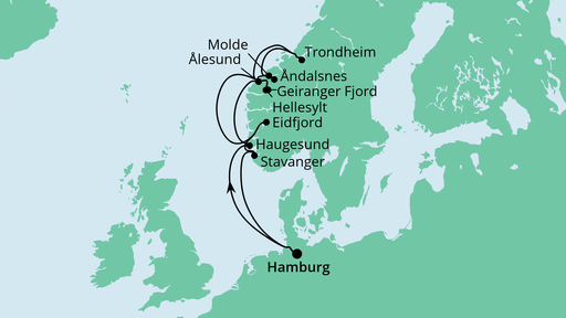 Routenverlauf für Norwegens Fjorde mit AIDAperla am 05.09.22 Routenverlauf für Norwegens Fjorde mit AIDAperla am 05.09.22
