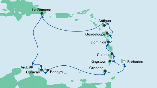 Routenverlauf für Karibische Inseln ab Barbados mit AIDAperla am 14.01.21 Routenverlauf für Karibische Inseln ab Barbados mit AIDAperla am 14.01.21