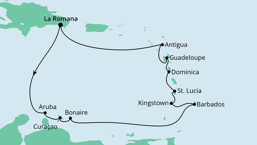 Routenverlauf für Karibische Inseln ab Dominikanische Republik mit AIDAperla am 24.11.22 Routenverlauf für Karibische Inseln ab Dominikanische Republik mit AIDAperla am 24.11.22