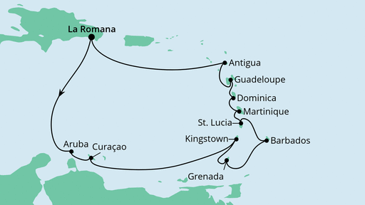Routenverlauf für Karibische Inseln ab Dominikanische Republik mit AIDAperla am 22.12.22 Routenverlauf für Karibische Inseln ab Dominikanische Republik mit AIDAperla am 22.12.22