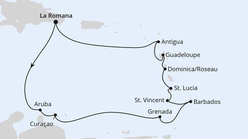 Routenverlauf für Karibische Inseln ab Dominikanische Republik mit AIDAperla am 07.11.24 Routenverlauf für Karibische Inseln ab Dominikanische Republik mit AIDAperla am 07.11.24