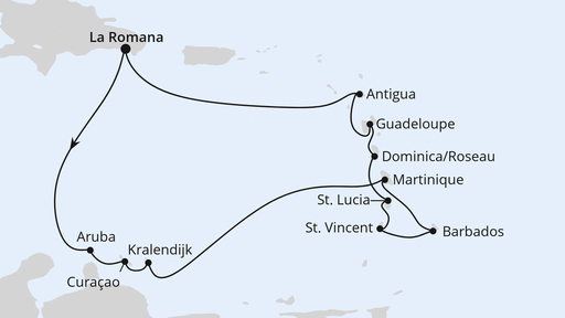 Routenverlauf für Karibische Inseln ab Dominikanische Republik mit AIDAperla am 02.01.25 Routenverlauf für Karibische Inseln ab Dominikanische Republik mit AIDAperla am 02.01.25