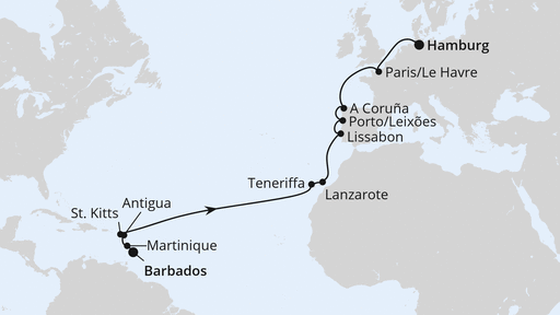 Routenverlauf für Von Barbados nach Hamburg mit AIDAperla am 20.03.25 Routenverlauf für Von Barbados nach Hamburg mit AIDAperla am 20.03.25