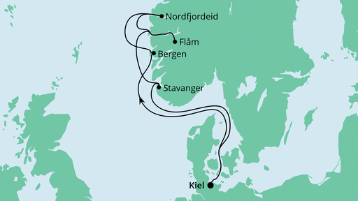 Routenverlauf für Norwegens Küste ab Kiel mit AIDAprima am 08.08.20 Routenverlauf für Norwegens Küste ab Kiel mit AIDAprima am 08.08.20