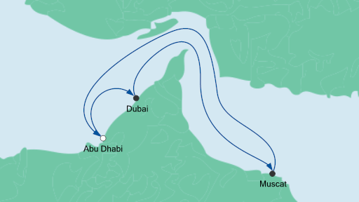 Routenverlauf für Orient ab Abu Dhabi mit AIDAprima am 03.11.20 Routenverlauf für Orient ab Abu Dhabi mit AIDAprima am 03.11.20