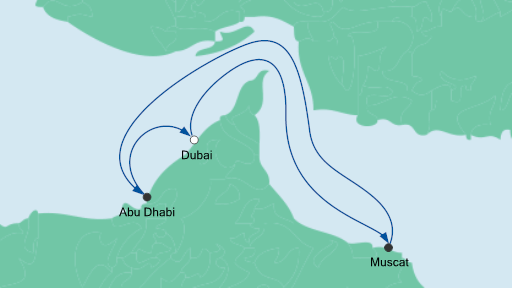 Routenverlauf für Orient ab Dubai mit AIDAprima am 01.01.21 Routenverlauf für Orient ab Dubai mit AIDAprima am 01.01.21