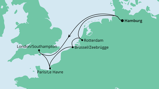 Routenverlauf für Metropolen ab Hamburg mit AIDAprima am 04.11.23 Routenverlauf für Metropolen ab Hamburg mit AIDAprima am 04.11.23