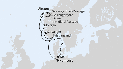 Routenverlauf für Norwegens Fjord-Weltnaturerbe ab Kiel mit AIDAprima am 12.04.26 Routenverlauf für Norwegens Fjord-Weltnaturerbe ab Kiel mit AIDAprima am 12.04.26