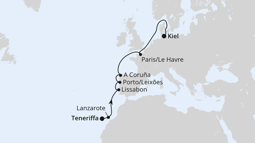 Routenverlauf für Europas Atlantikküste ab Teneriffa mit AIDAprima am 20.01.26 Routenverlauf für Europas Atlantikküste ab Teneriffa mit AIDAprima am 20.01.26