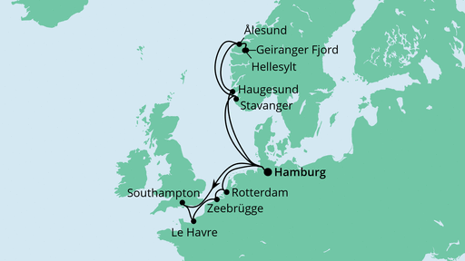 Routenverlauf für Metropolen & Norwegen mit AIDAprima am 30.07.22 Routenverlauf für Metropolen & Norwegen mit AIDAprima am 30.07.22