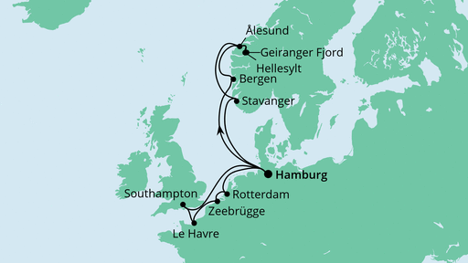 Routenverlauf für Metropolen & Norwegen mit AIDAprima am 21.10.23 Routenverlauf für Metropolen & Norwegen mit AIDAprima am 21.10.23