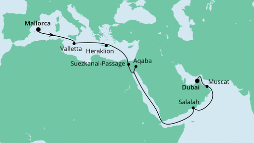 Routenverlauf für Von Mallorca nach Dubai mit AIDAprima am 02.10.20 Routenverlauf für Von Mallorca nach Dubai mit AIDAprima am 02.10.20