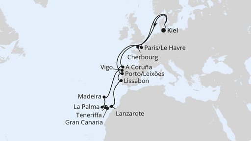 Routenverlauf für Große Winterpause Kanaren ab Kiel mit AIDAprima am 09.01.26 Routenverlauf für Große Winterpause Kanaren ab Kiel mit AIDAprima am 09.01.26