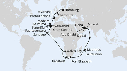 Routenverlauf für Weltenbummler Kanaren, Südafrika & Mauritius mit AIDAprima am 07.03.25 Routenverlauf für Weltenbummler Kanaren, Südafrika & Mauritius mit AIDAprima am 07.03.25